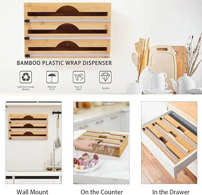 3 In 1 Bamboo Cling Film Dispenser Built-in Slide Cutter Aluminum Foil Parchment Paper Wax Wrap Organizer Kitchen Storage Tool