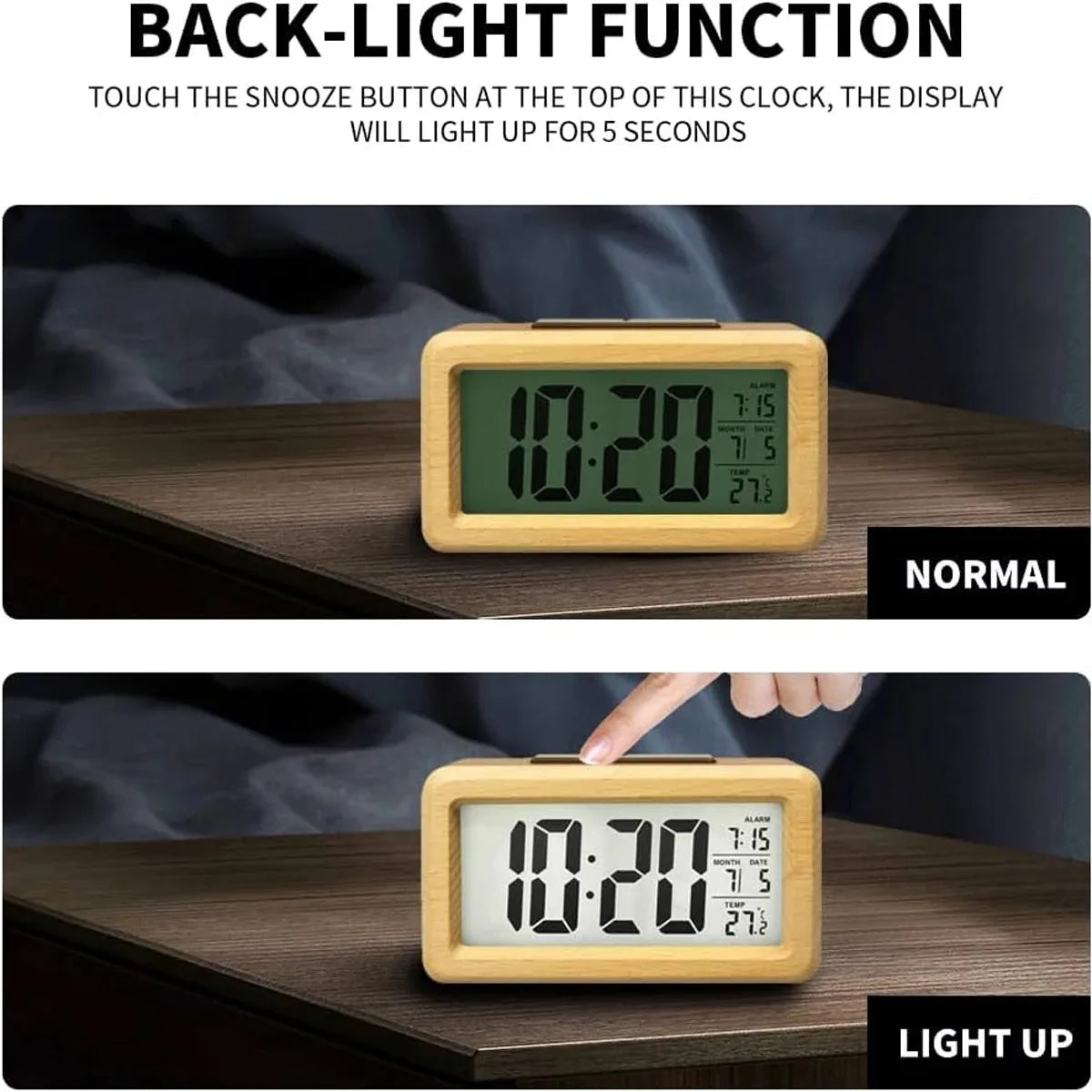 A Wooden Alarm Clock with Calendar and Temperature Display. A Solid Wood Digital Clock, Perfect for Table Decoration