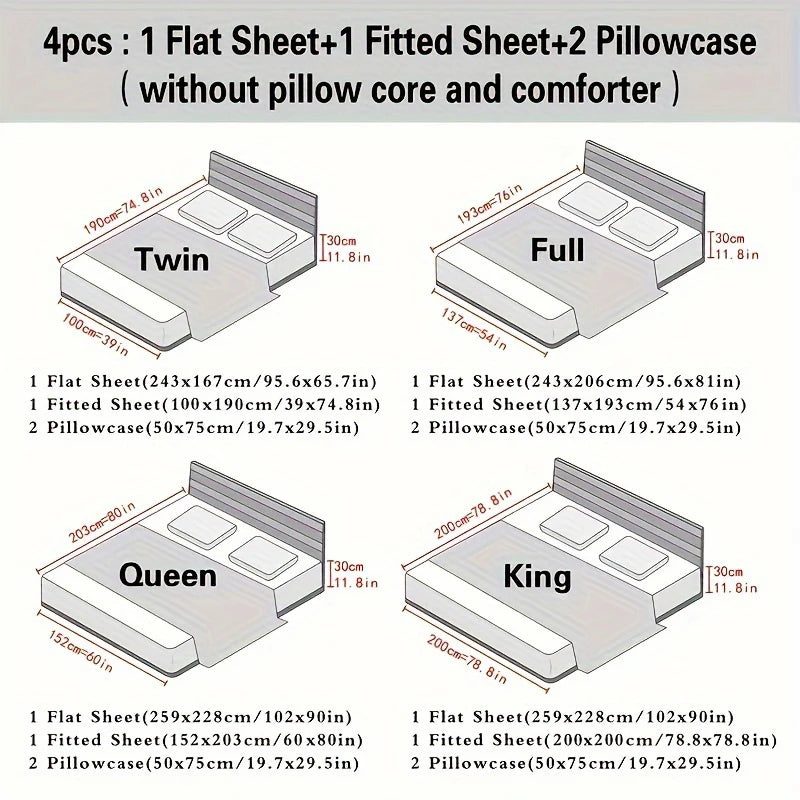 Dolin Plum Blossom Print Bedding Set (1 Fitted Sheet, 1 Flat Sheet, 2 Pillowcases) Ultra-Soft Breathable Fabric, Skin-Friendly, Comfortable, Breathable, Machine Washable, Suitable for All Seasons, Elegant and Exquisite, Ideal