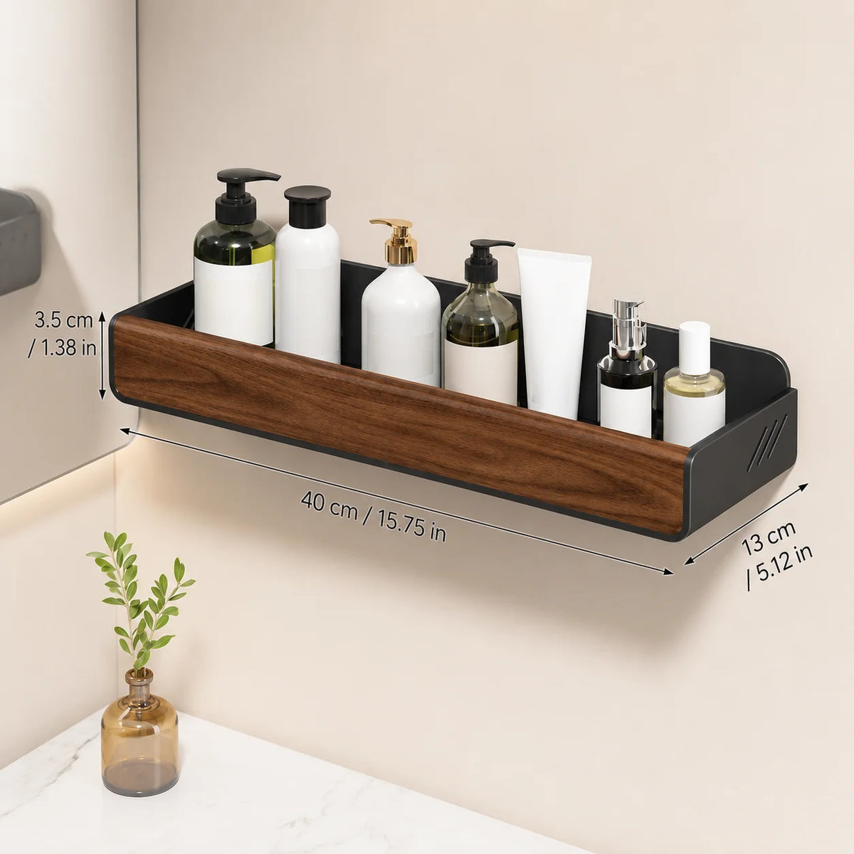 Solid Walnut Wood Wall Mounted Bathroom Shelf No Drill Floating Storage Organizer for Sink Countertop Toiletries And Home Essent