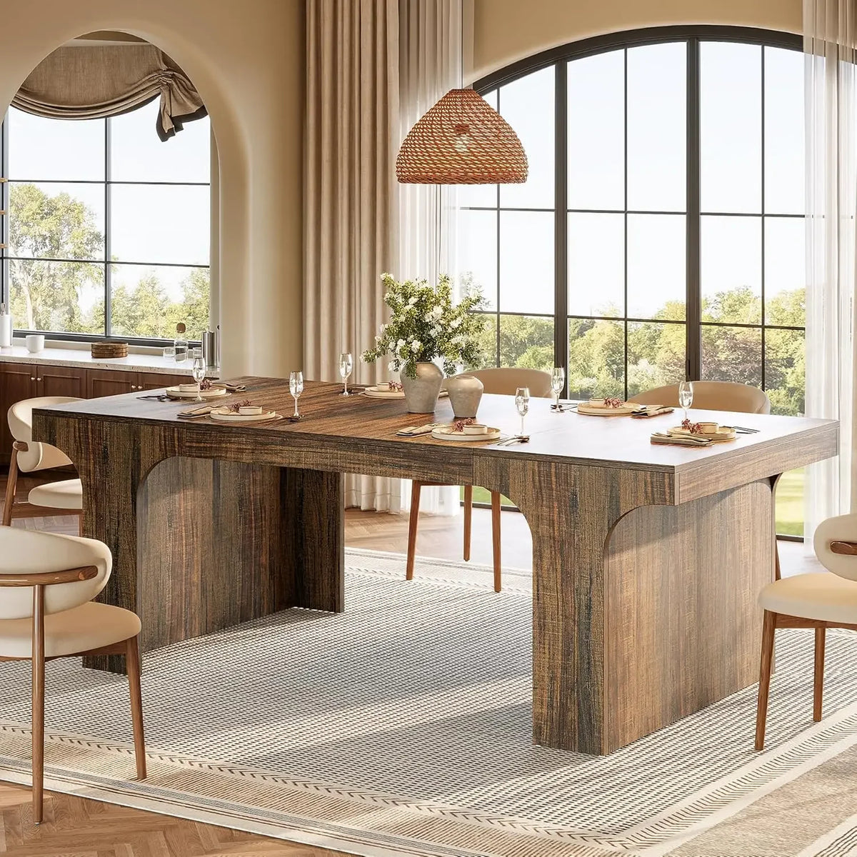 Tribesigns 71-Inch Farmhouse Dining Table for 6-8, Long Wooden Kitchen Table with Arched Design, Large Rectangular Dining Room