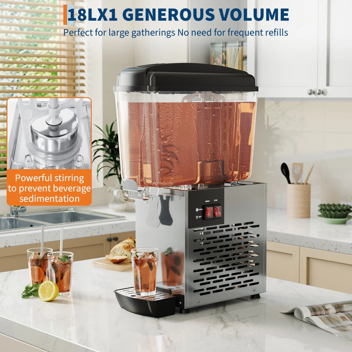 4.8 Gallon/18L Commercial Beverage Dispenser, 150W Stainless Steel Ice Tea & Drink Dispenser with Tank & Thermostat Control for Parties/Restaurants/Bars/Home/Cafes
