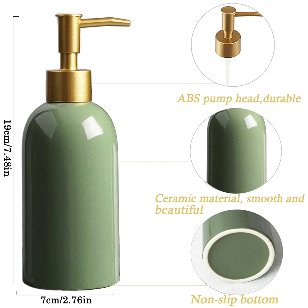 Modern Green Ceramic Soap Dispenser with Golden Pump Refillable Lotion Bottle for Bathroom Kitchen Decor