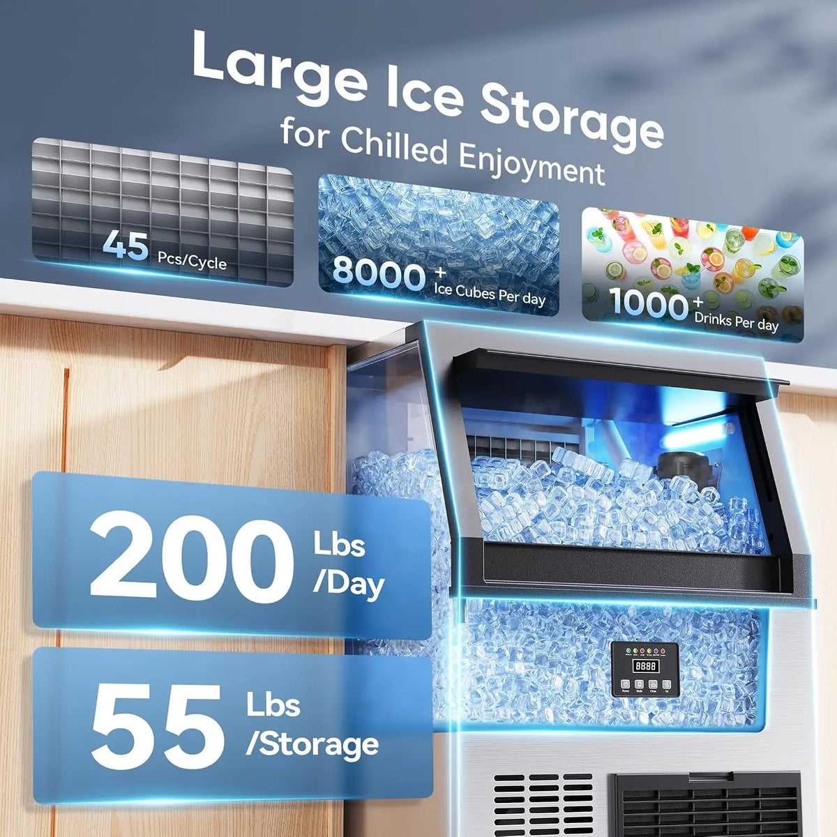 Commercial Ice Maker Machine, 200Lbs/Day Under Counter Ice Maker with 55 Lbs Storage, Stainless Steel Freestanding, Customized