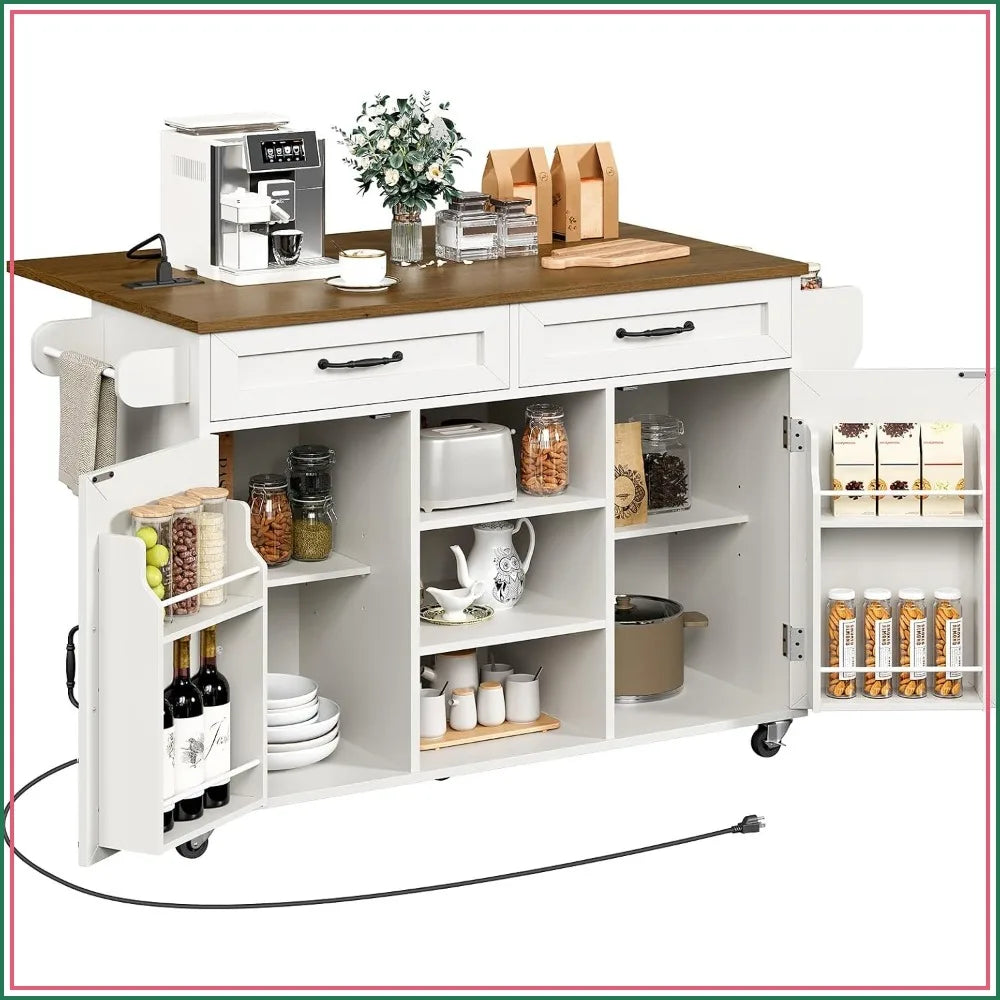 Kitchen Island Cart with Storage, Wheels, Power Outlet, Drop Leaf, Drawer & Spice Rack, White Walnut