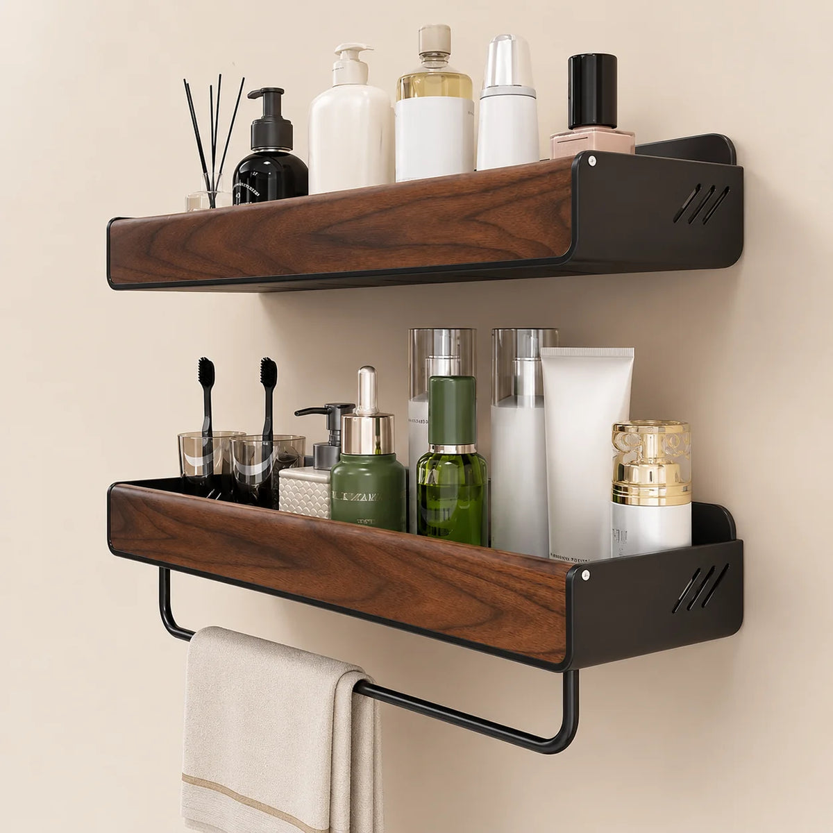 Solid Walnut Wood Wall Mounted Bathroom Shelf No Drill Floating Storage Organizer for Sink Countertop Toiletries And Home Essent