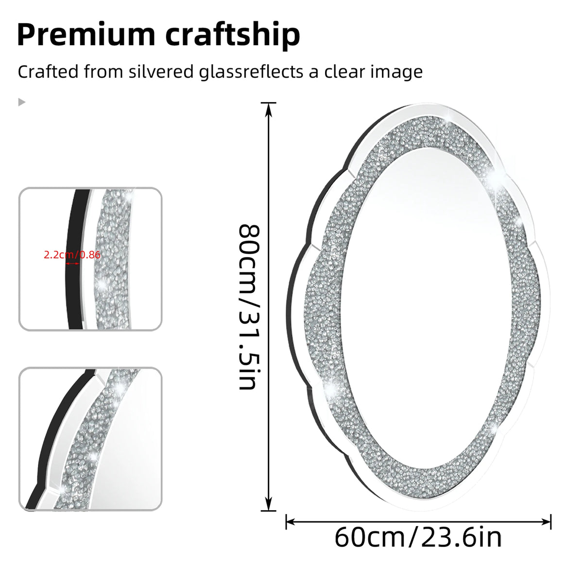 Decor Wall Mirror Arch Crystal Crushed Diamonds Vanity Accent Mirror 600x800mm for Entryway Hallway, Bedroom,Hotel Wall Decor