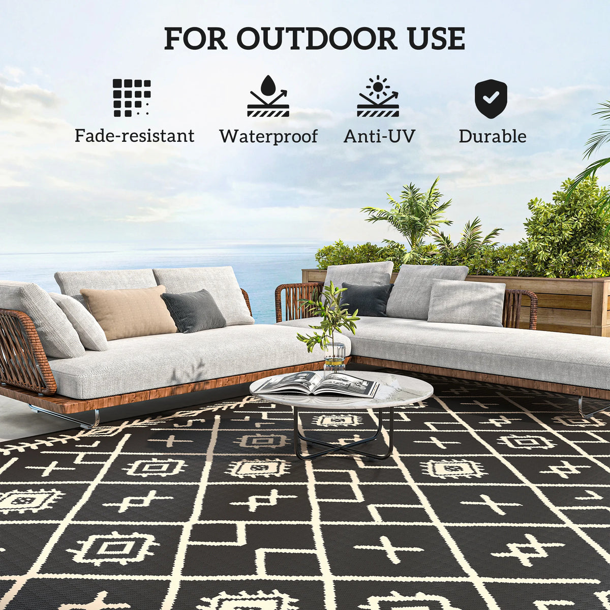 Outdoor Rug, 9' x 12' Floor Mat, Black Beige Rhombus