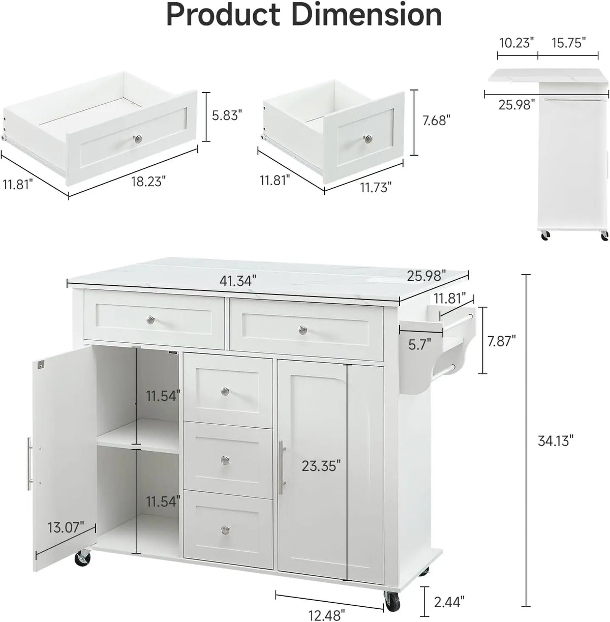 47" Rolling Kitchen Island Cart with Power Outlet | Movable Island Table & Storage Cabinet: White Marble Top, 5 Drawers + 2 Cabinets, Spice Rack, Free Tool Installation for Kitchen Craftsmanship