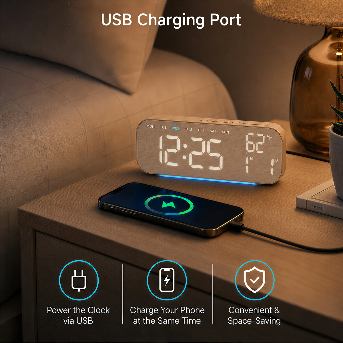 Timess 10inch 4-Color Digital Electronic Alarm Clock, with Ambient Light, Dual Alarms, Automatic Dimming Large Display, Timer, Usb-C Bedroom Bedside Table Clock