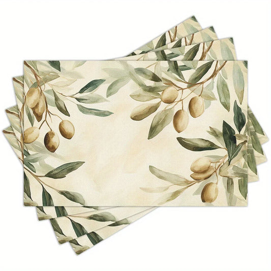 4pcs Watercolor Olive Leaf Placemats – Washable, Rectangular Design, Ideal for Dining, Kitchen & Holiday Decor