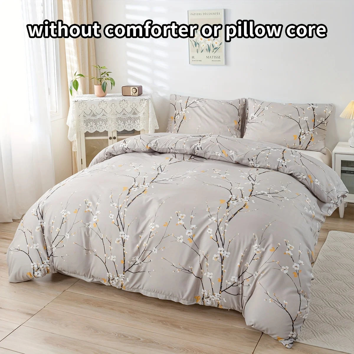Dolin Plum Blossom Print Three-Piece Quilt Cover Set, Skin-Friendly and Breathable Bedding, Suitable for All Seasons