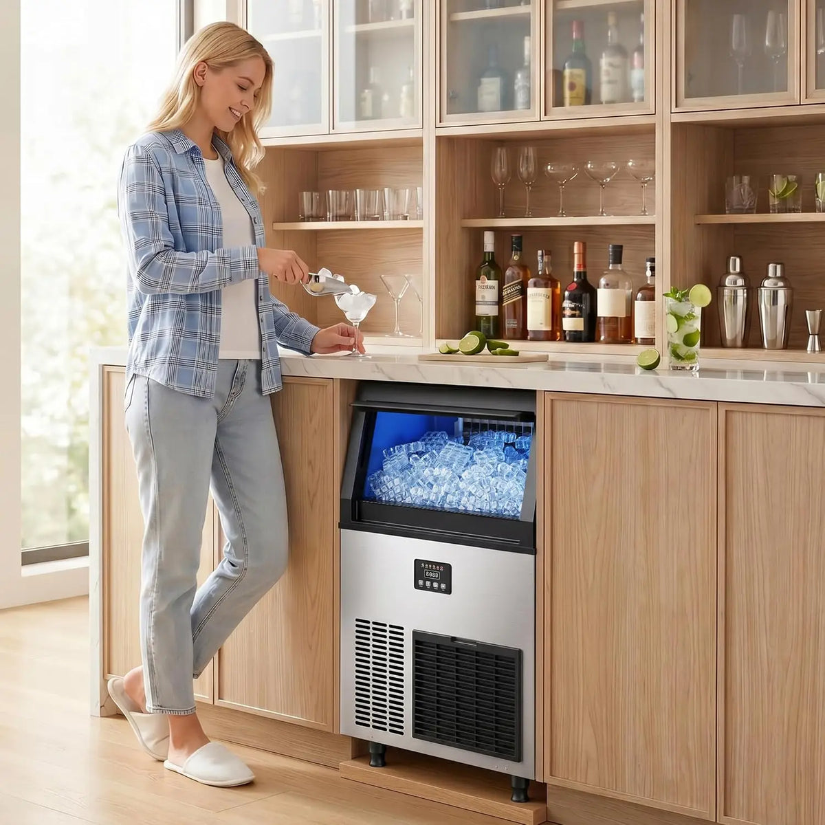 Commercial Ice Maker Machine, 200Lbs/Day Under Counter Ice Maker with 55 Lbs Storage, Stainless Steel Freestanding, Customized