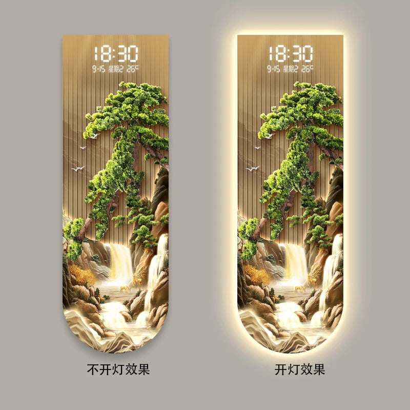 Sunlit Golden Mountain Entrance Decor Painting New Chinese Style Creative Touch-Sensitive Digital Clock High-End Living Room LED