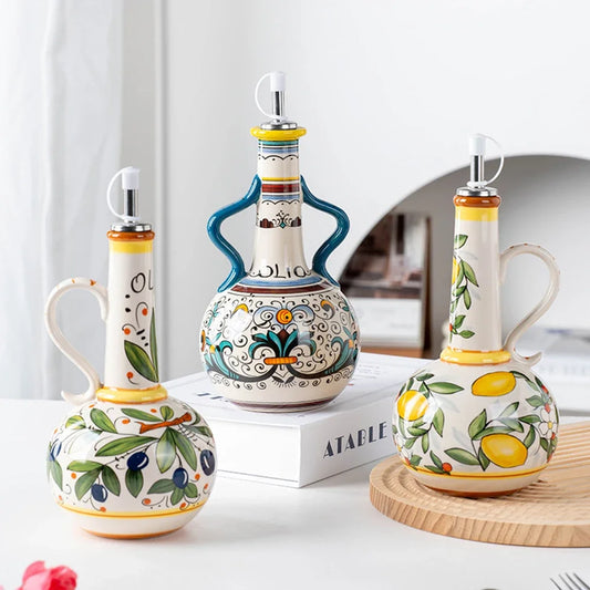Hand-Painted Ceramic Oil Bottle Kitchen Storage Nordic Vinegar Oil Dispenser Cooking Utensil for Home Use Kitchen Seasoning Jar