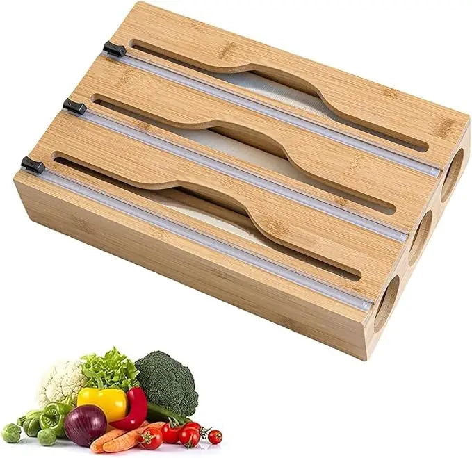 3 In 1 Bamboo Cling Film Dispenser Built-in Slide Cutter Aluminum Foil Parchment Paper Wax Wrap Organizer Kitchen Storage Tool