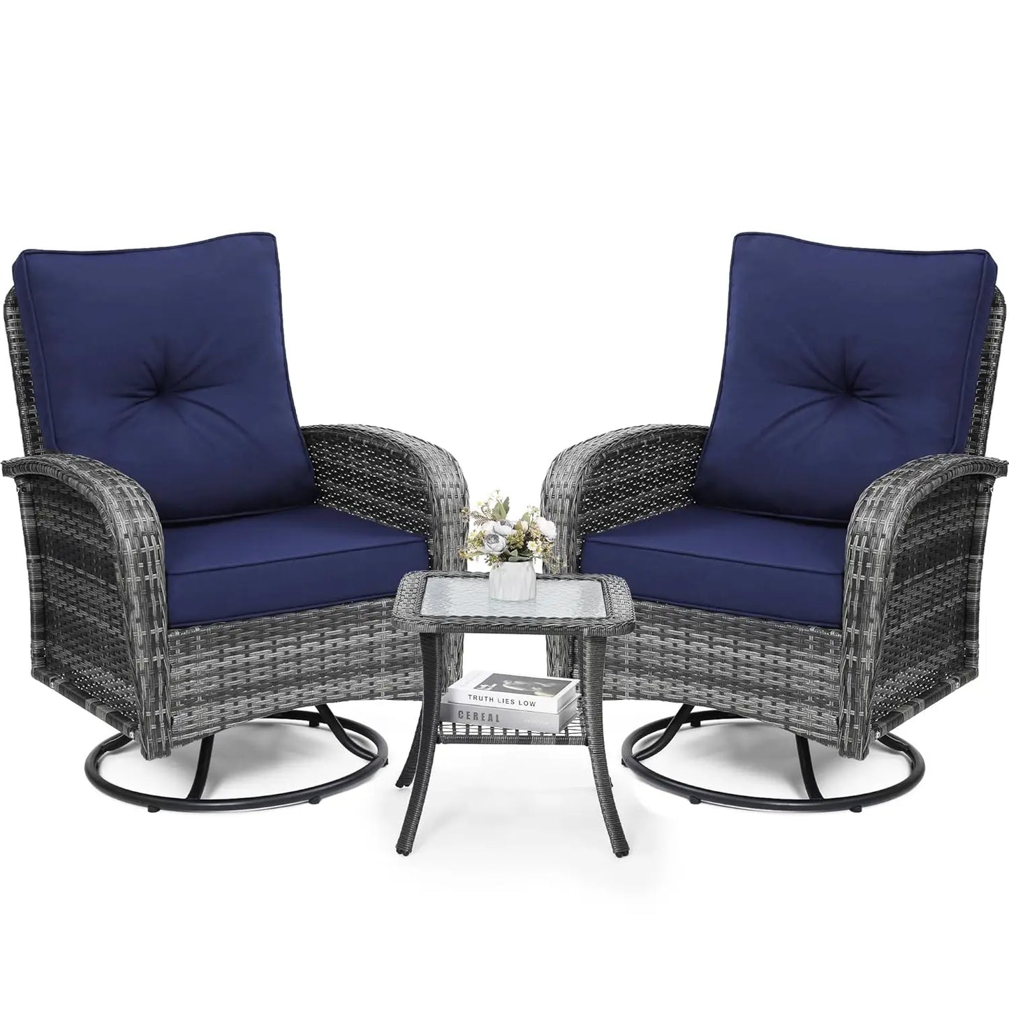 Luxury Outdoor Swivel Wicker Glider Patio Chairs with Table Set, Overstuffed Washable Cushions, Ideal for Porch,, Customized
