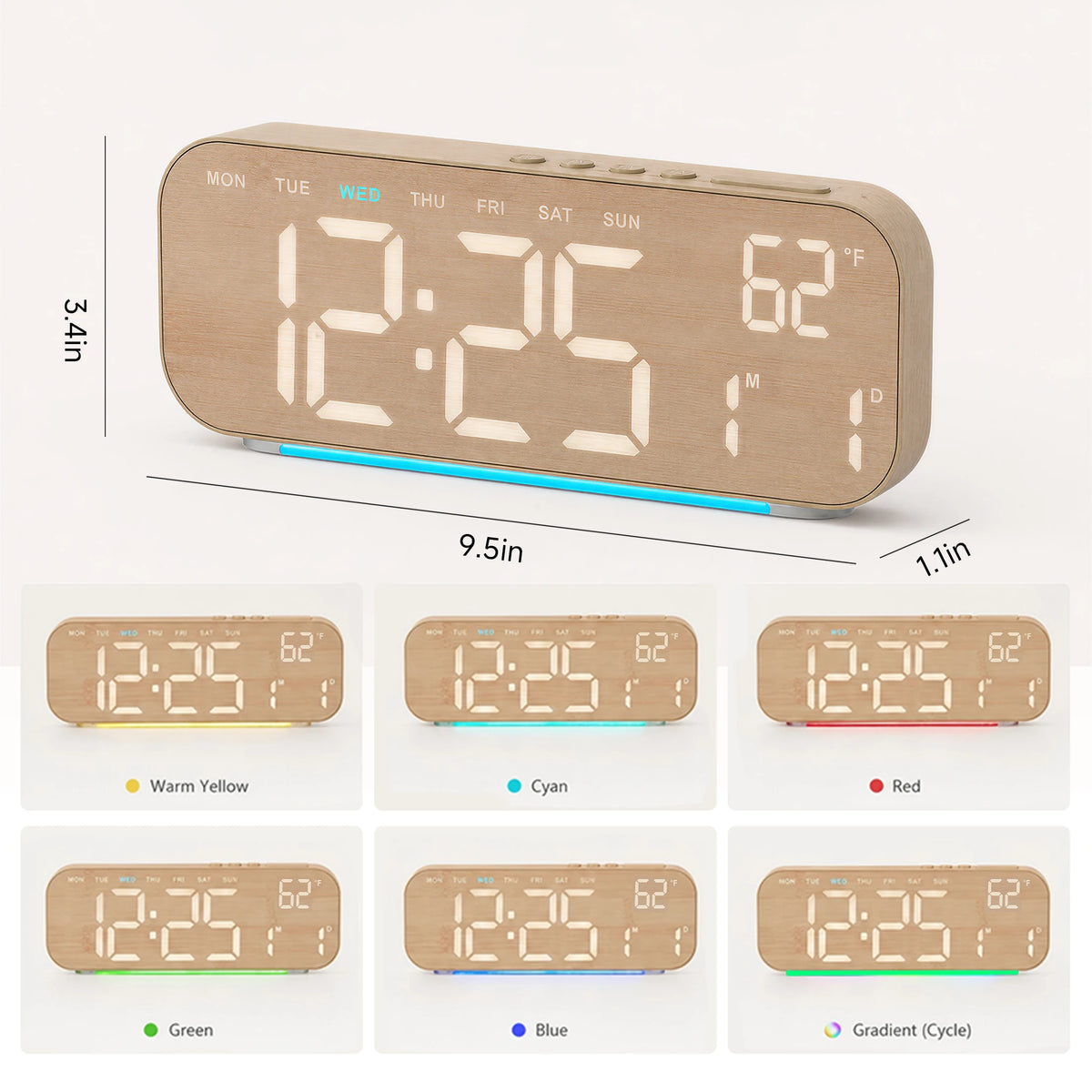 Timess 10inch 4-Color Digital Electronic Alarm Clock, with Ambient Light, Dual Alarms, Automatic Dimming Large Display, Timer, Usb-C Bedroom Bedside Table Clock