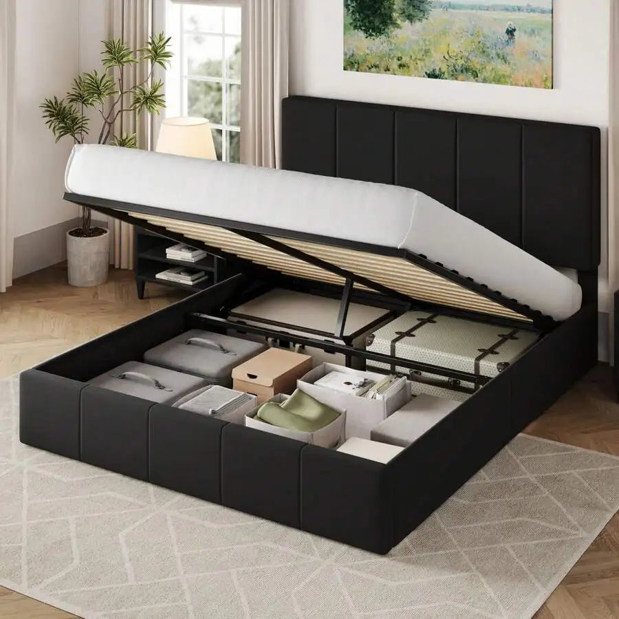 Full/Queen/King Size Velvet Lift Up Storage Bed Frame, Vertical Channel Tufted Headboard, Hydrualic Underneath Storage, Upholstered Platform Bed, Wooden Slats Support, No Box Spring Needed, Cream