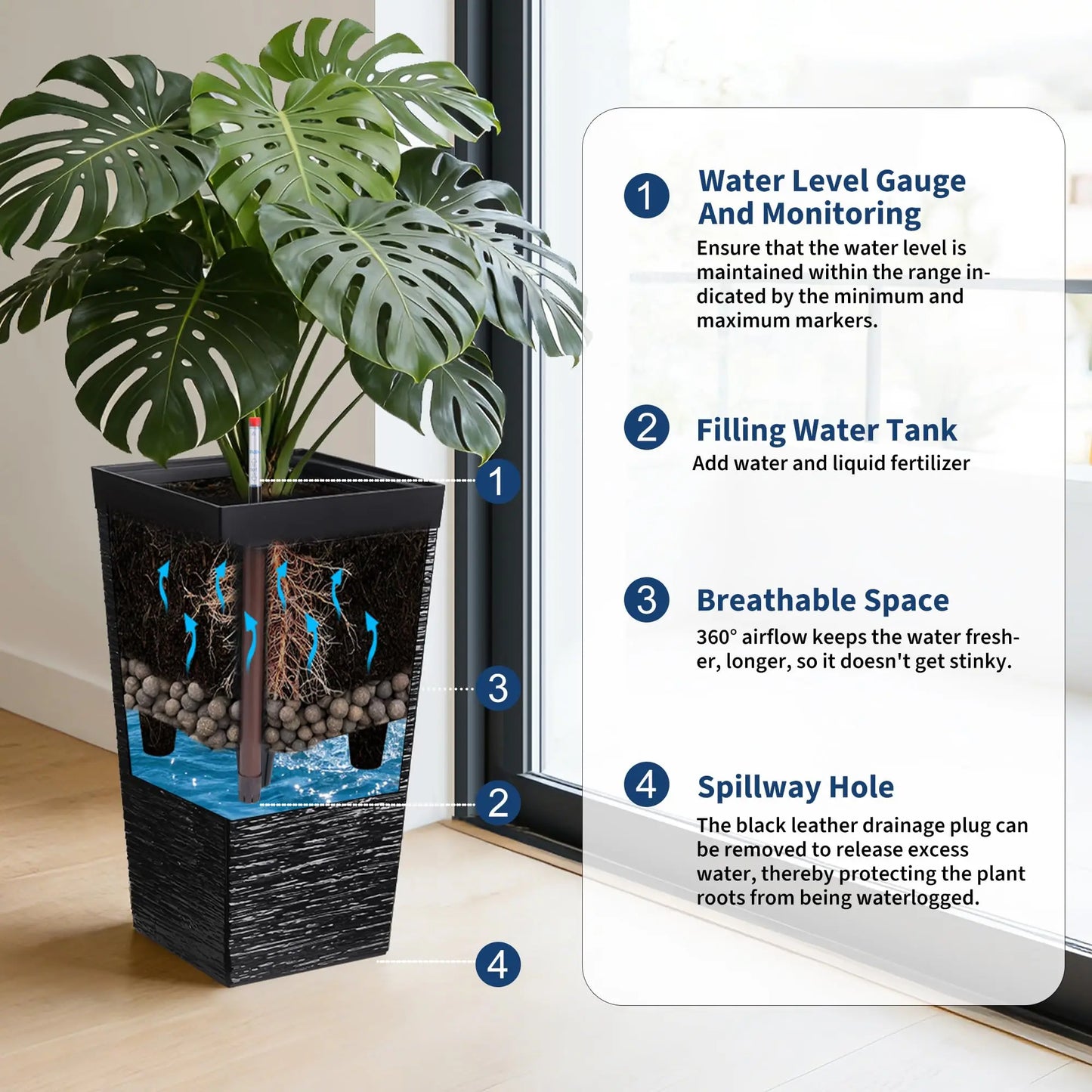22.5'' Tall Planters Set Of 2, Self Watering Outdoor Indoor Front Porch Planter Pots With Drainage Holes & Water Monitor System