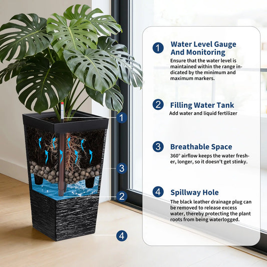 22.5'' Tall Planters Set Of 2, Self Watering Outdoor Indoor Front Porch Planter Pots With Drainage Holes & Water Monitor System