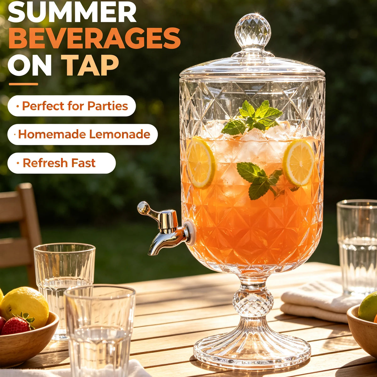 0.8 Gallon/ 3 Liter Glass Beverage Dispenser with Stainless Steel Spigot On Glass Pedestal, 101oz Decorative Mason Drink Dispenser for BBQ, Picnic, Pool Party, And Social Events