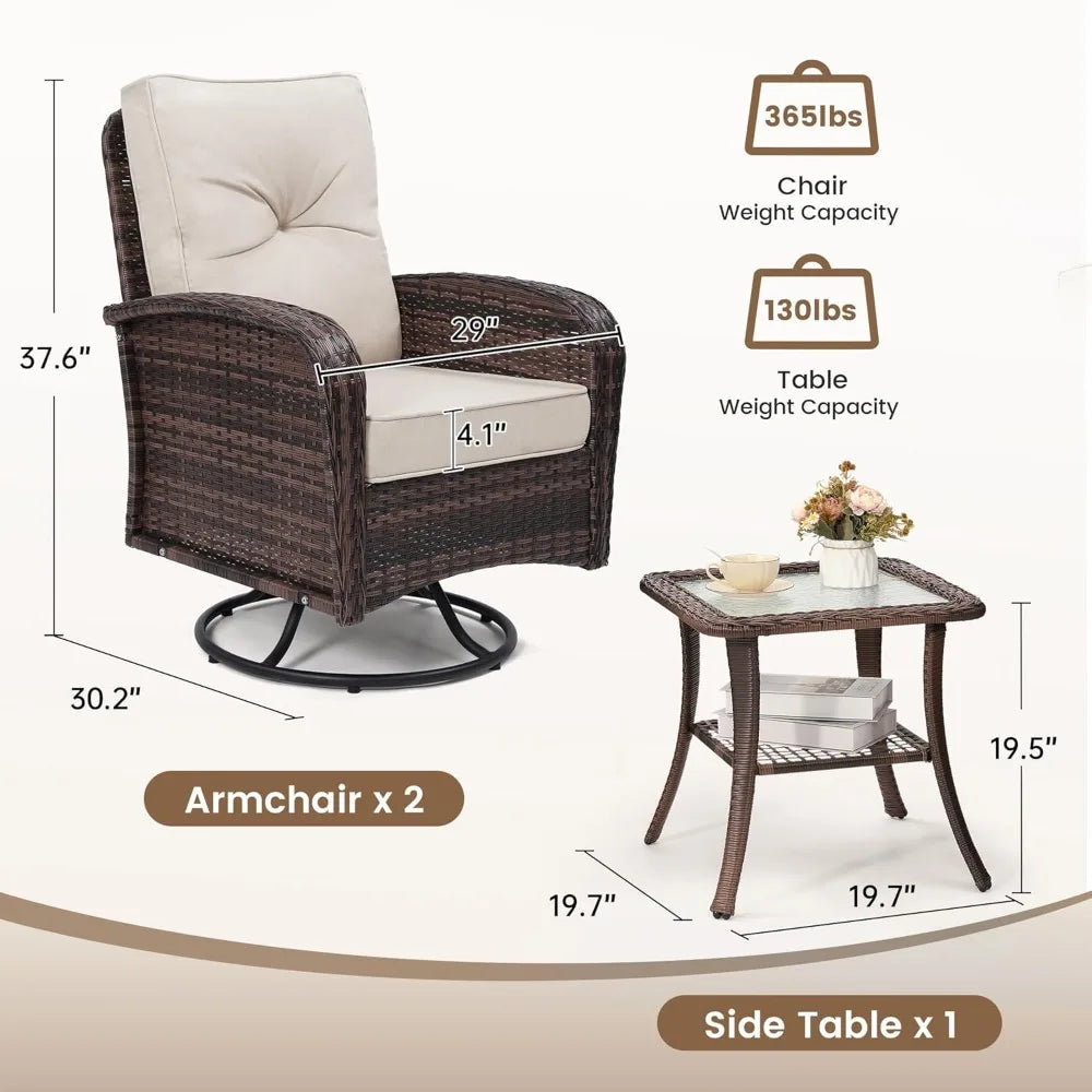 Luxury Outdoor Swivel Wicker Glider Patio Chairs with Table Set, Overstuffed Washable Cushions, Ideal for Porch,, Customized