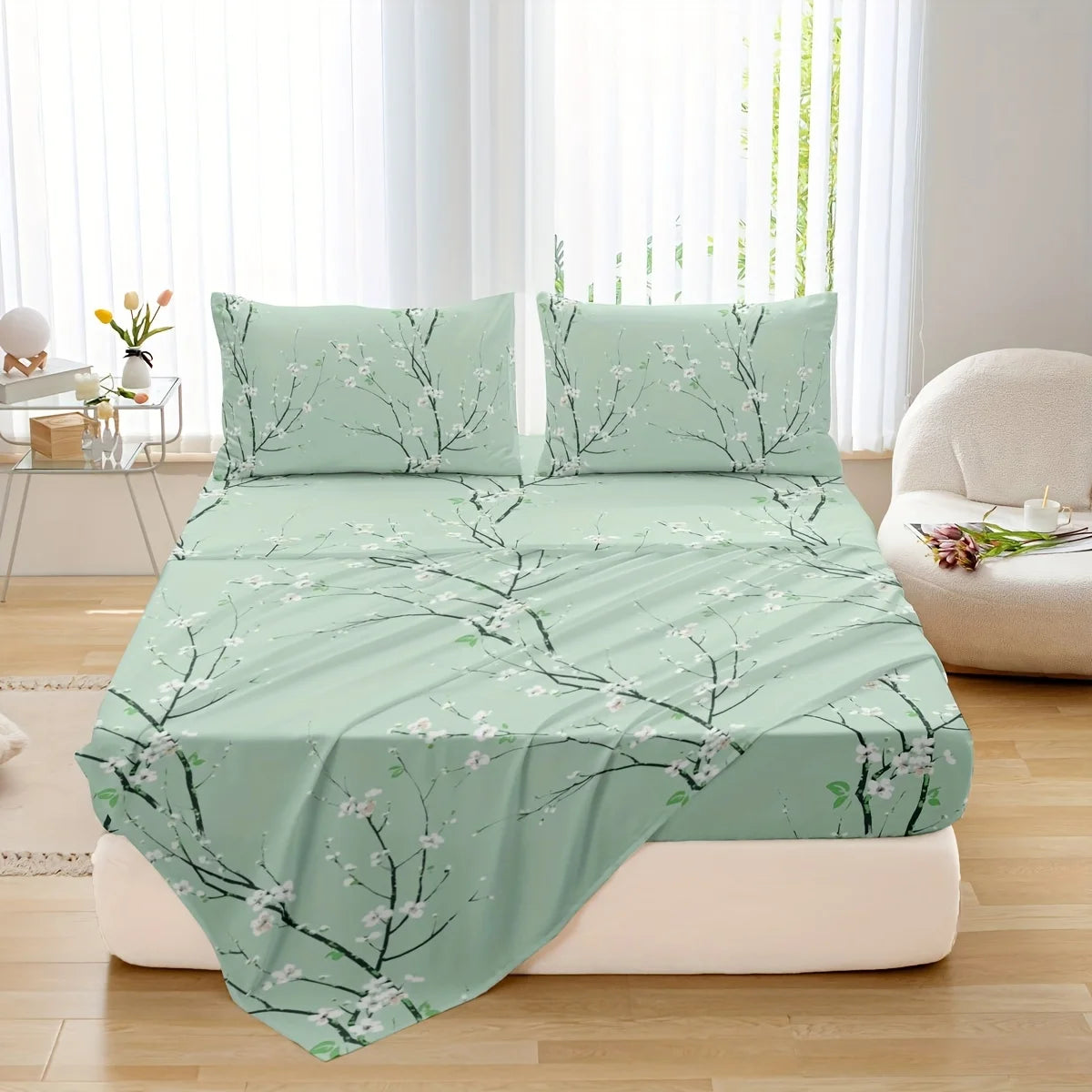 Dolin Plum Blossom Print Bedding Set (1 Fitted Sheet, 1 Flat Sheet, 2 Pillowcases) Ultra-Soft Breathable Fabric, Skin-Friendly, Comfortable, Breathable, Machine Washable, Suitable for All Seasons, Elegant and Exquisite, Ideal
