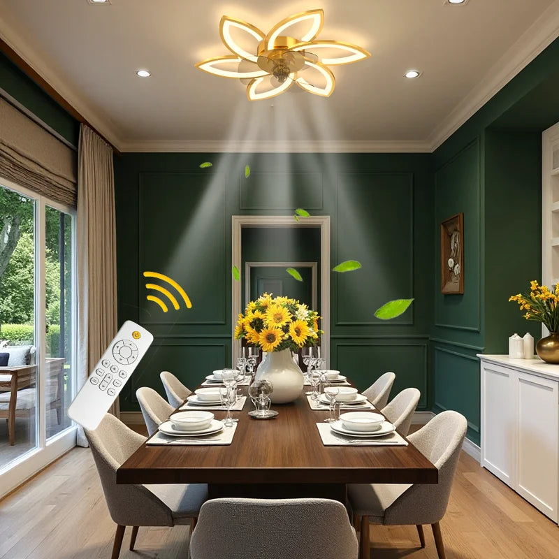 Petal-Shaped Ceiling Fan Light with 6 Wind Speed Settings, Stepless Dimming, Remote Control, and a Reversible Motor for Year-Round Use in Both Winter and Summer. Ideal for Bedrooms, Above Dining Tables, and in Home Offices.