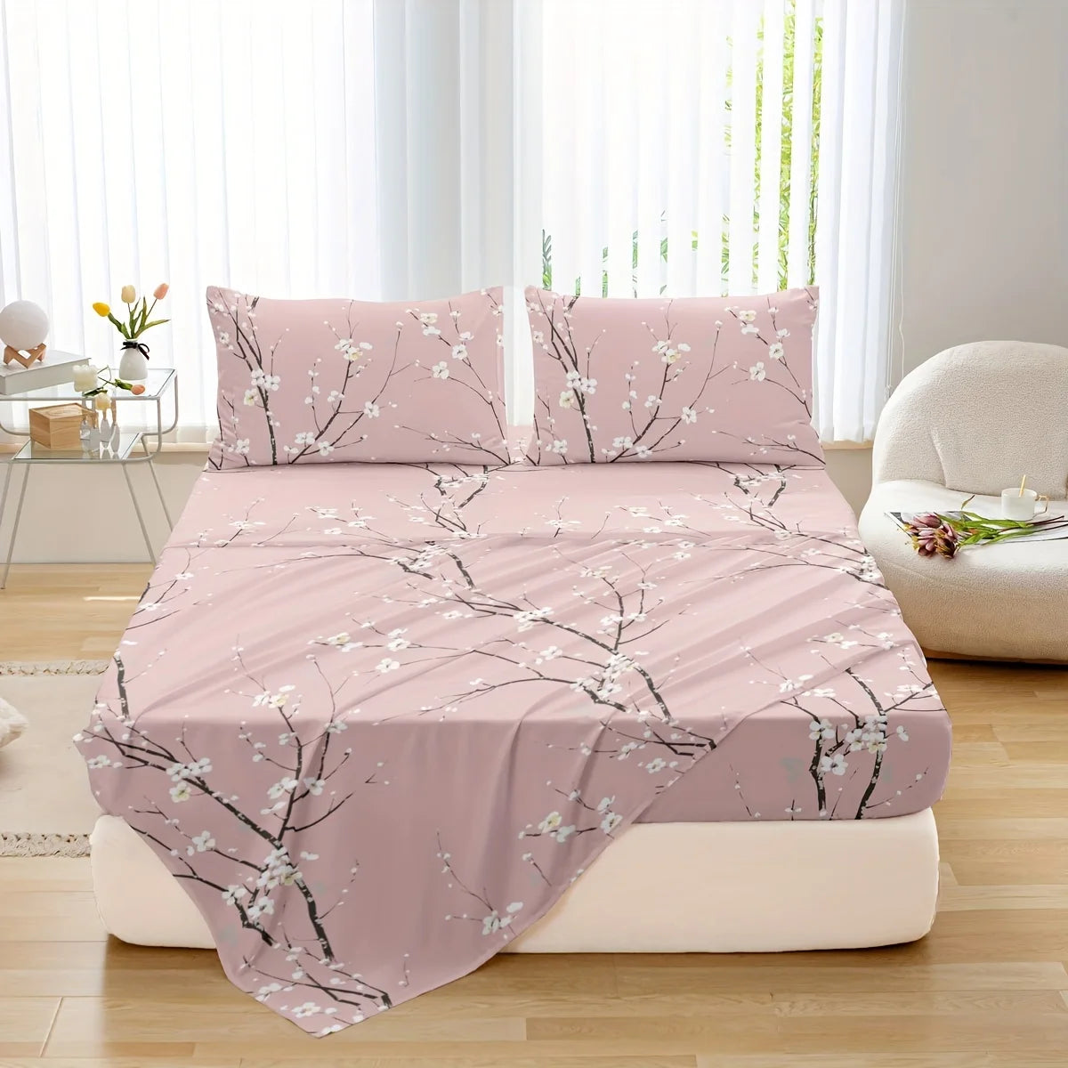 Dolin Plum Blossom Print Bedding Set (1 Fitted Sheet, 1 Flat Sheet, 2 Pillowcases) Ultra-Soft Breathable Fabric, Skin-Friendly, Comfortable, Breathable, Machine Washable, Suitable for All Seasons, Elegant and Exquisite, Ideal