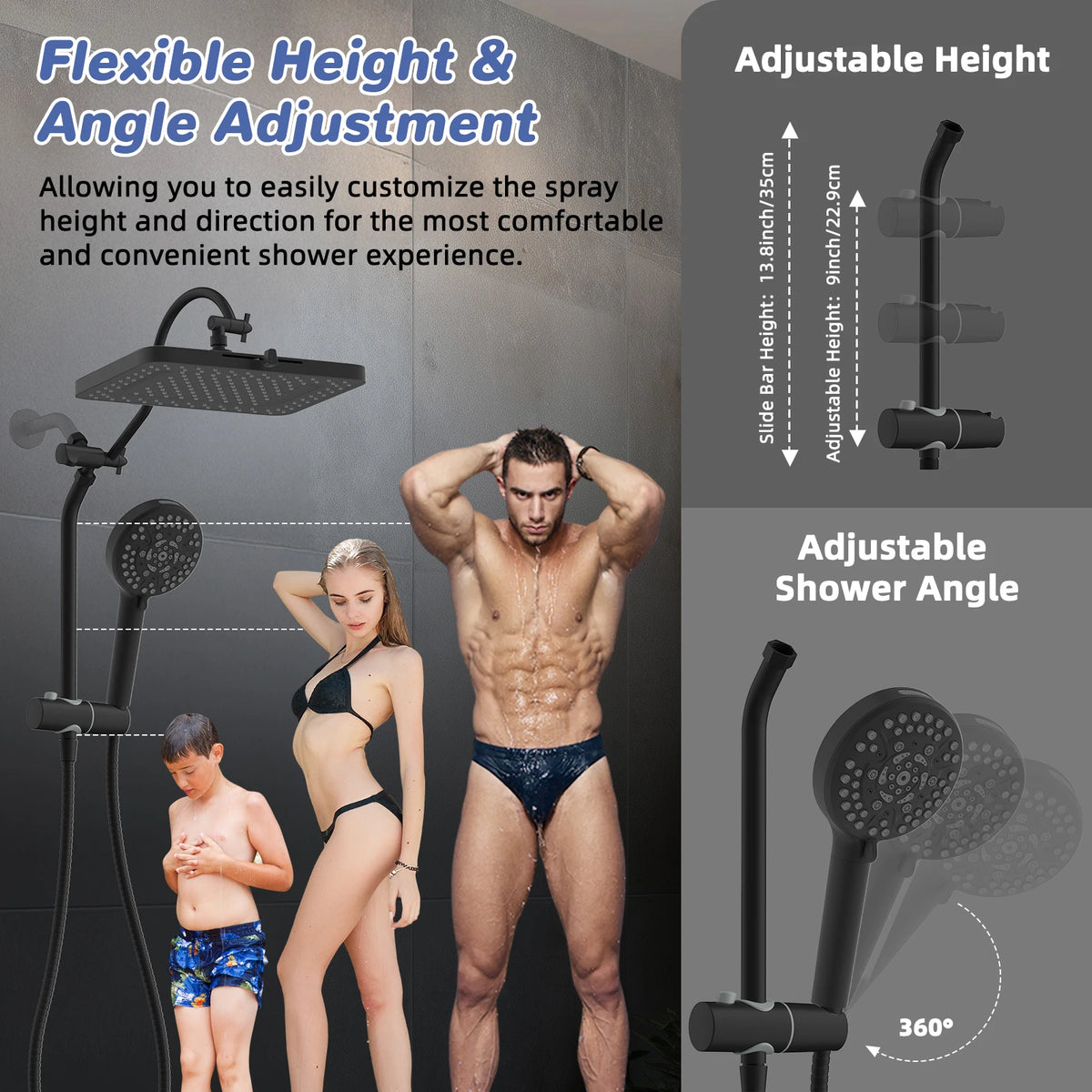 Bathroom Shower Set High Pressure 13 inch Shower Head with Hand Shower Extension Arm with Slide Bar