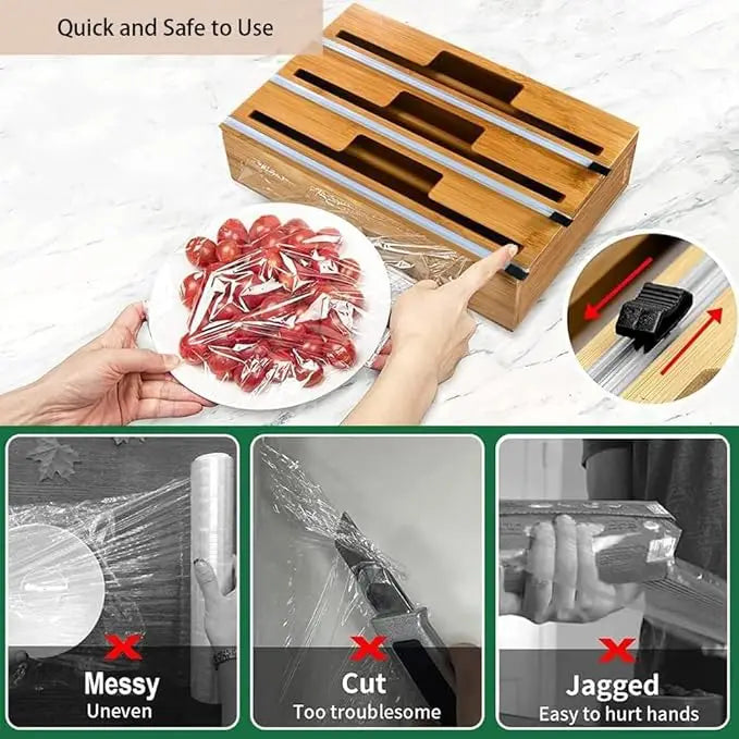 3 In 1 Bamboo Cling Film Dispenser Built-in Slide Cutter Aluminum Foil Parchment Paper Wax Wrap Organizer Kitchen Storage Tool