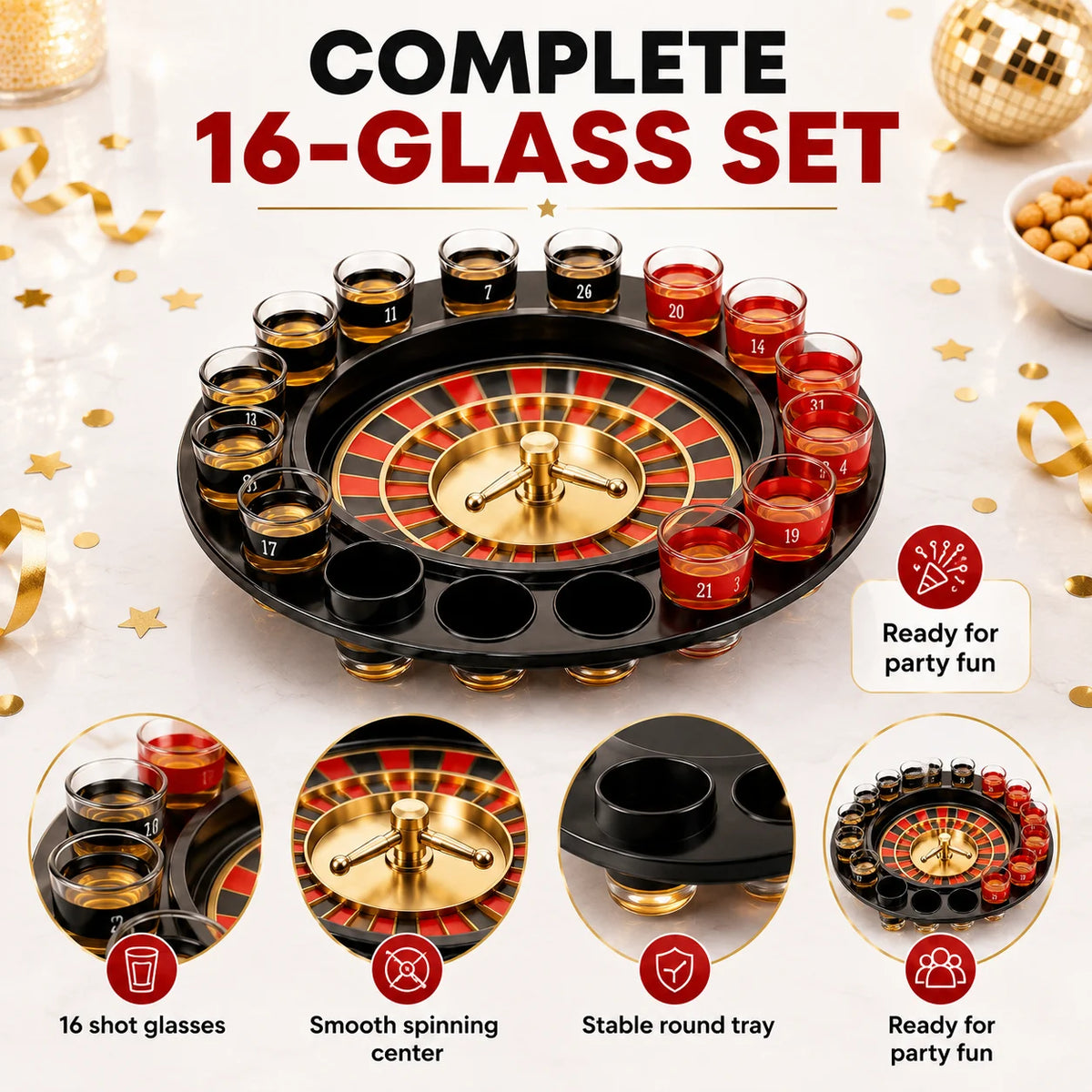 Spin Wheel Drinking Game Kit with 16 Shot Glass Cups, Classic Bar Tabletop Interactive Party Game, Portable Adult Beverage Game Set for Birthday Party, Bachelorette Night, Bar Home Entertainment