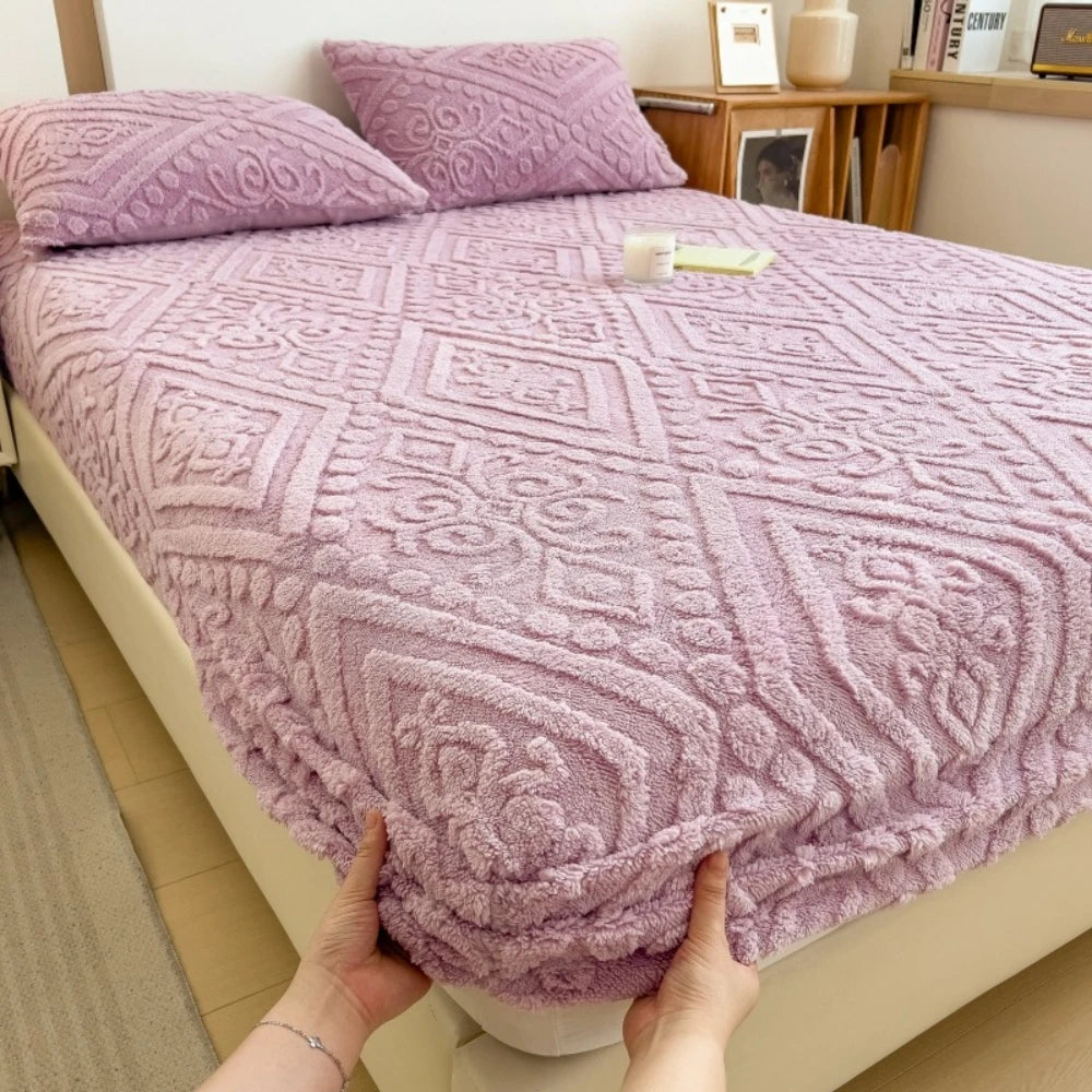King Size Solid Embossed Bed Cover   Ultra Soft Milk Velvet Fitted Sheet  Durable Textured Standard Size