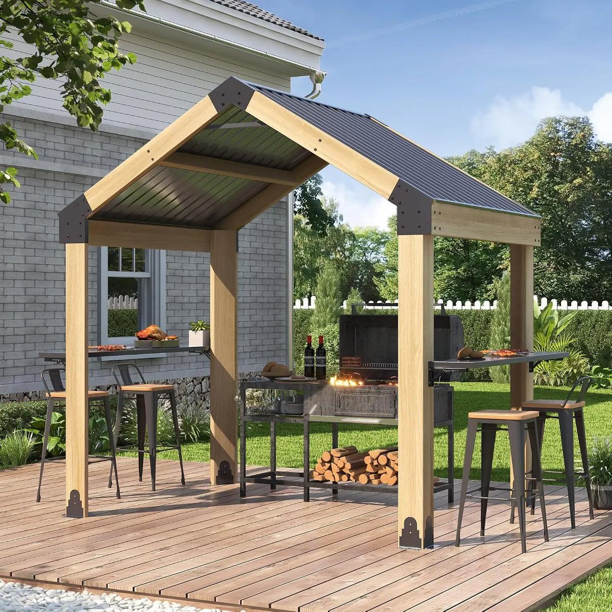 7.7'x5.7' Outdoor Grill Wood Gazebo - Hardtop Gazebo with 2 Side Shelves and Galvanized Steel Roof, Patio Wooden, Customized
