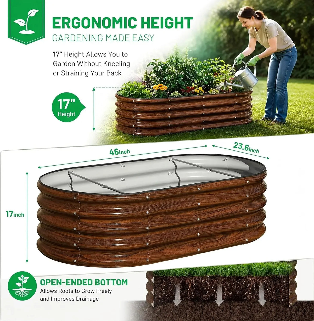 SnugNiture 3 Pcs 4x2x1.5ft Raised Garden Bed Outdoor, 17" Tall Galvanized Metal Planter Box, Oval Raised Garden Bed Kit for Planting Vegetables Plants Fruits, Brown