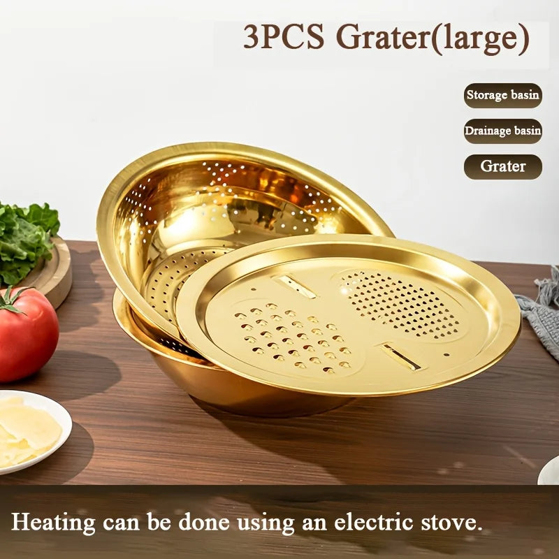3-In-1 Stainless Steel Kitchen Set, Equipped with Built-in Grinding, Multifunctional Filter, and Mixing Bowl