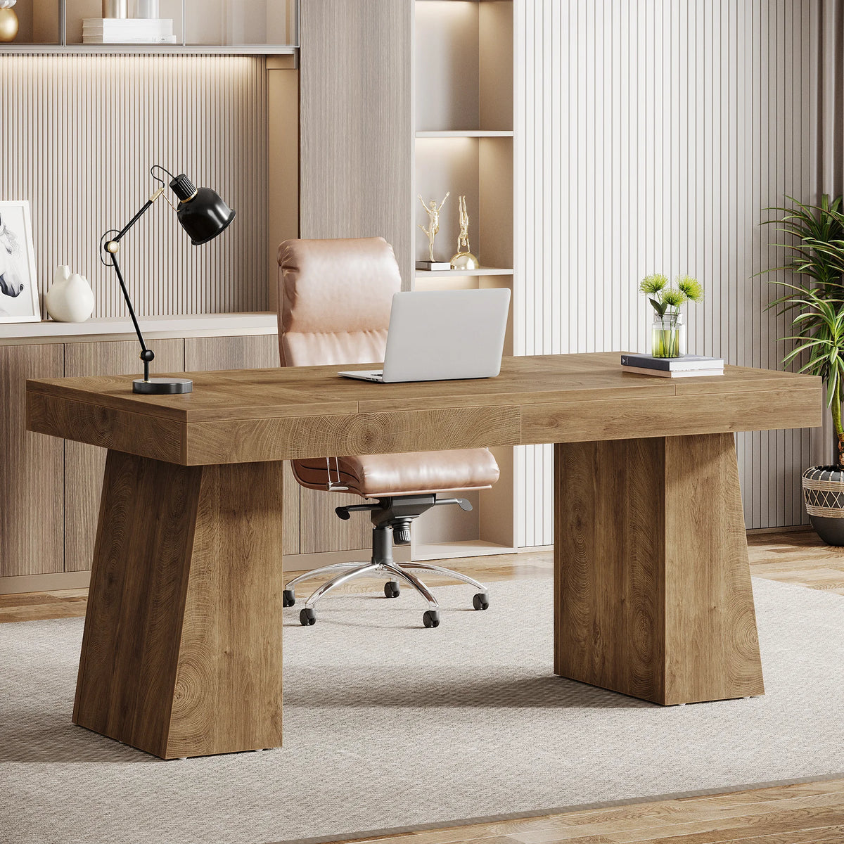 Tribesigns 55-Inch Executive Desk, Large Wood Office Computer Desk with Double Pedestal, Modern Minimalist Workstations
