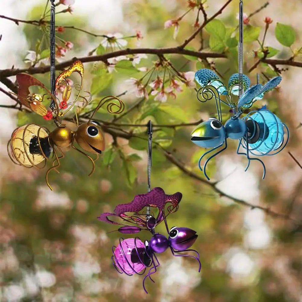Metal Solar Bees Lantern Garden Decor LED Hanging Dragonfly Bees Solar Light Garden Sculptures For Patio Yard Outdoor Decoration