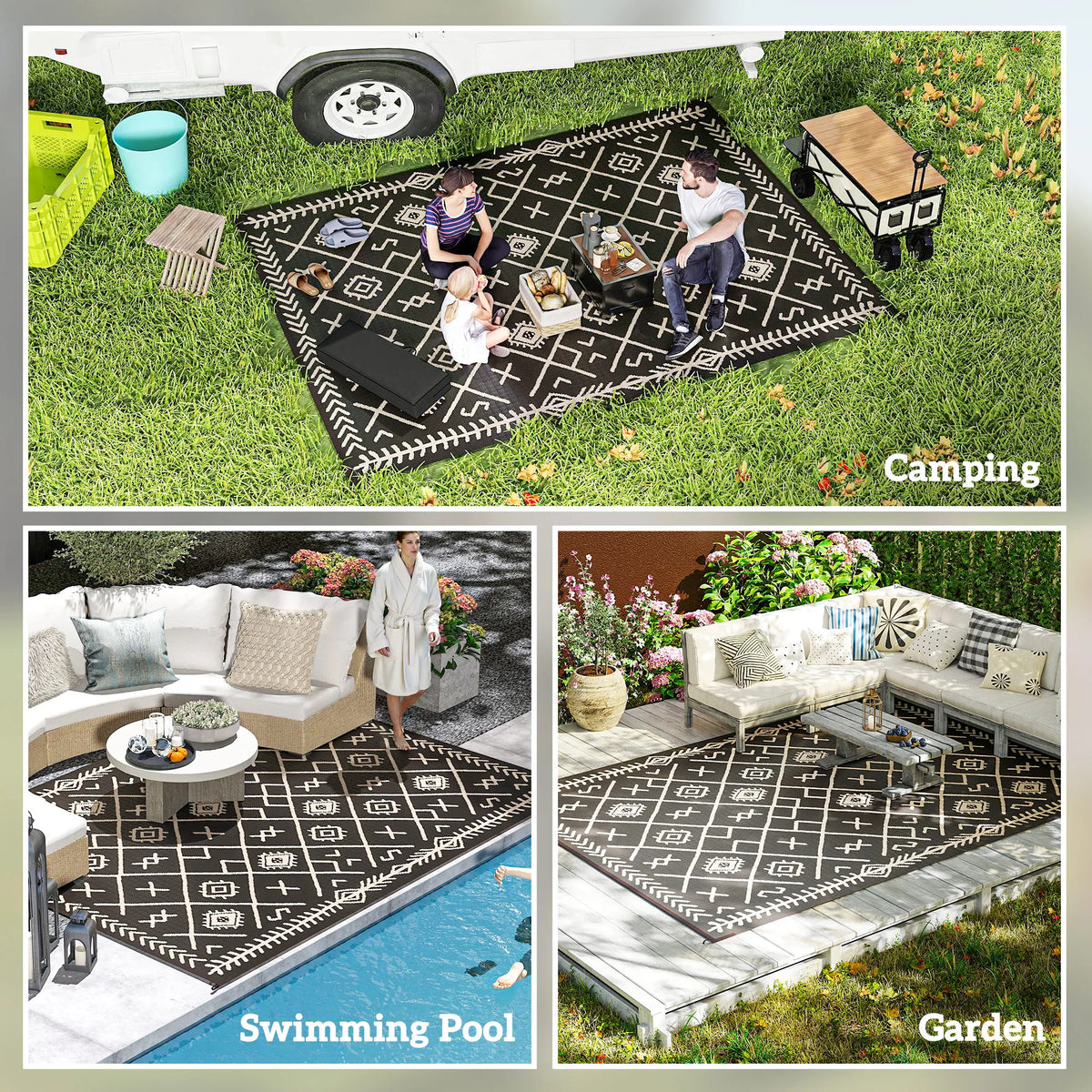 Outdoor Rug, 9' x 12' Floor Mat, Black Beige Rhombus