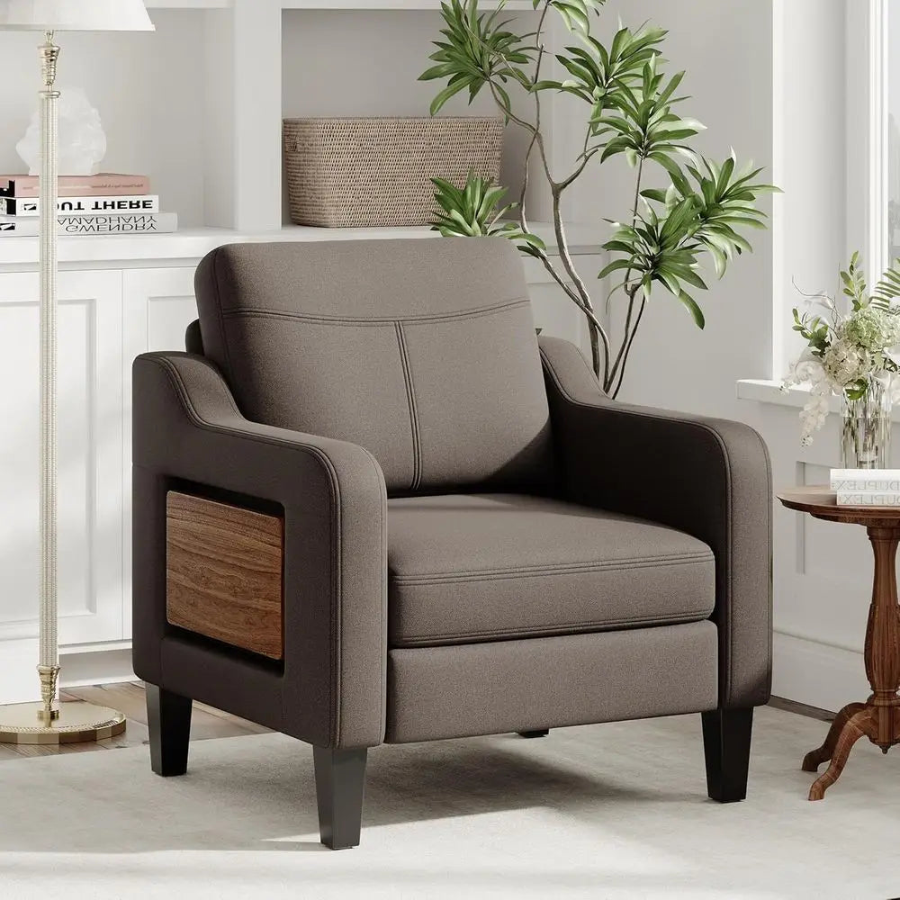 Ern Linen Upholstered Armchair Wooden Side Table Adjustable Comfortable Accent Chair for Living Room Fabric Sofa Design