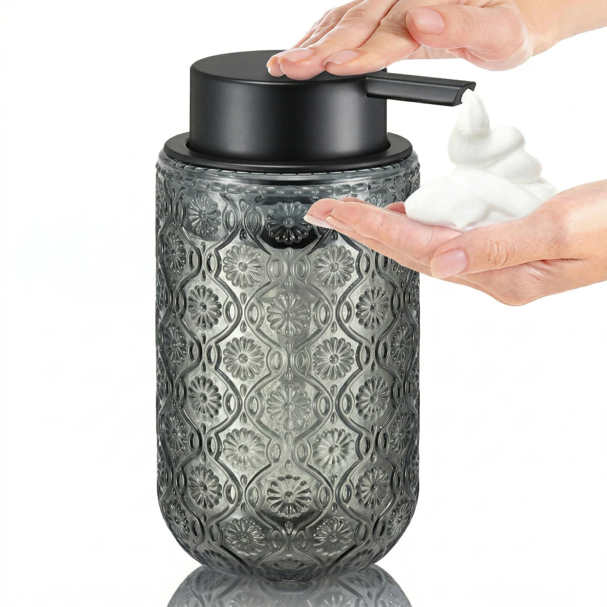 Vintage-Style Embossed Glass Foaming Soap Dispenser — Matte Black Pump Head — Suitable for Bathroom & Kitchen Hand Soap
