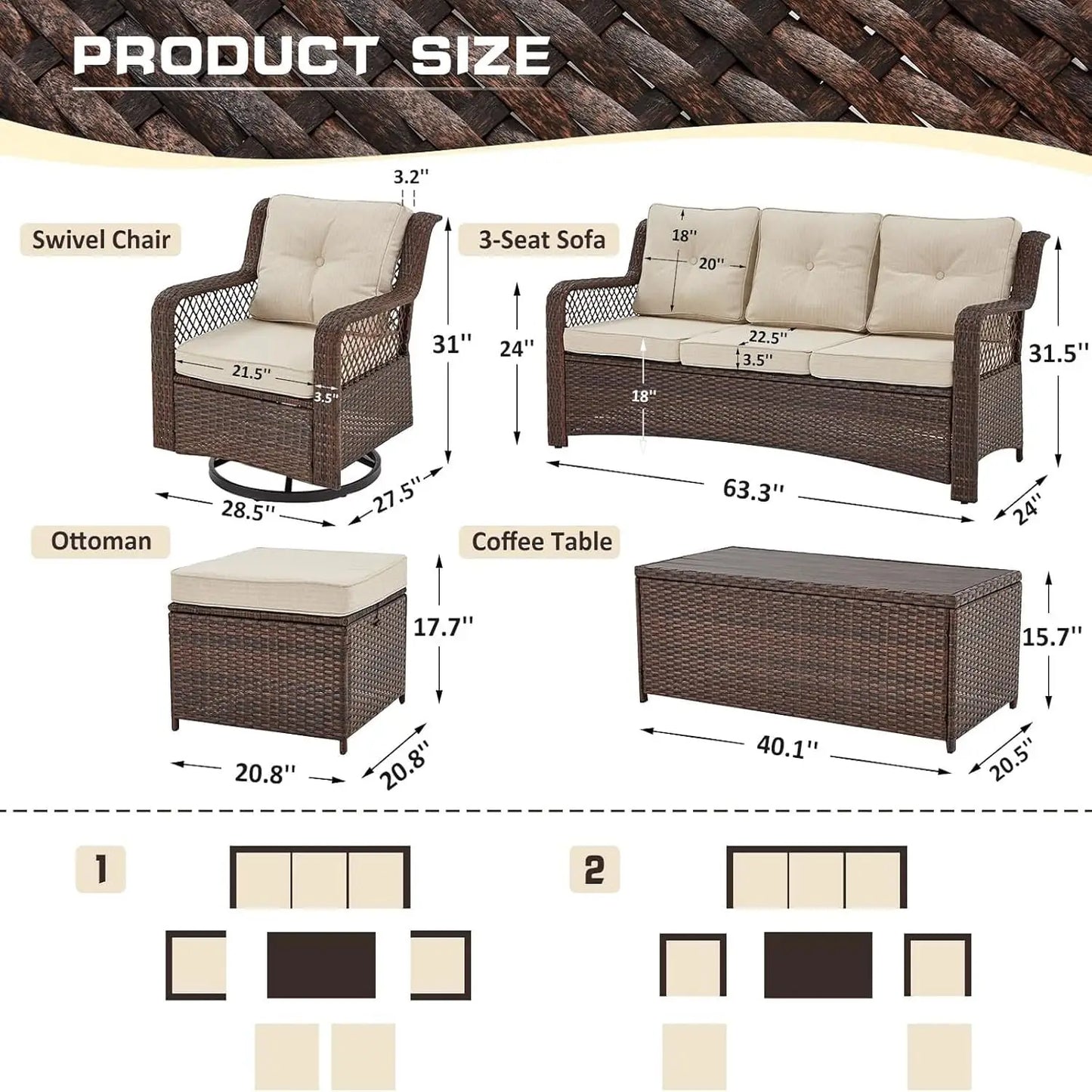 6 Pieces Wicker Patio Furniture Set Conversations Sets, 2 Outdoor 360° Swivel Chairs, Patio Swivel Chair with Table, Customized
