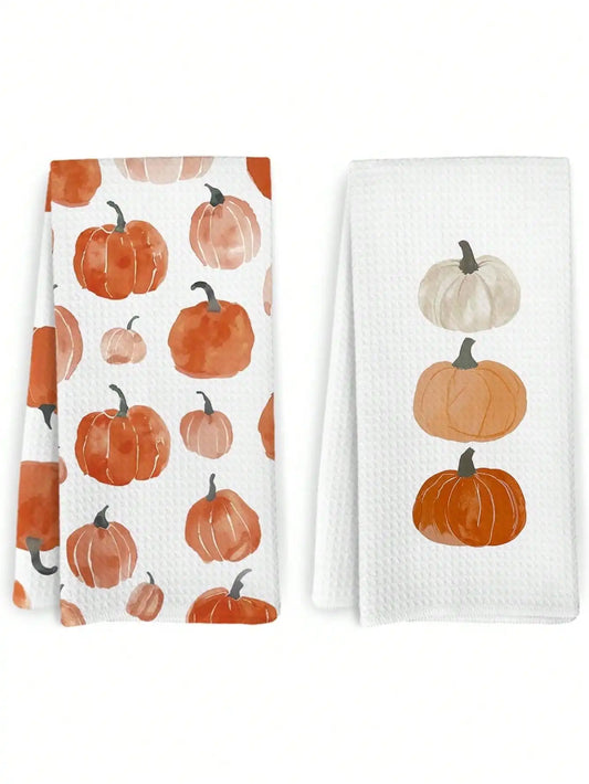 2 Pcs Fall Pumpkin Decor Kitchen Towels Dishcloth, 16x24 Inch, Farmhouse Pumpkins Fall Decorative Hand Tea Towels For Dorm Bathroom Kitchen, Set Of 2