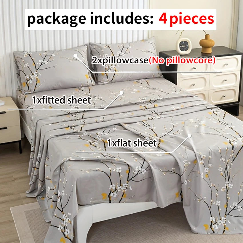 Dolin Plum Blossom Print Bedding Set (1 Fitted Sheet, 1 Flat Sheet, 2 Pillowcases) Ultra-Soft Breathable Fabric, Skin-Friendly, Comfortable, Breathable, Machine Washable, Suitable for All Seasons, Elegant and Exquisite, Ideal