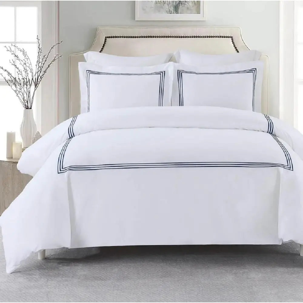 Navy Blue Percale Duvet Cover Set with Embroidered Comforter and Pillow Shams (Full/Queen)