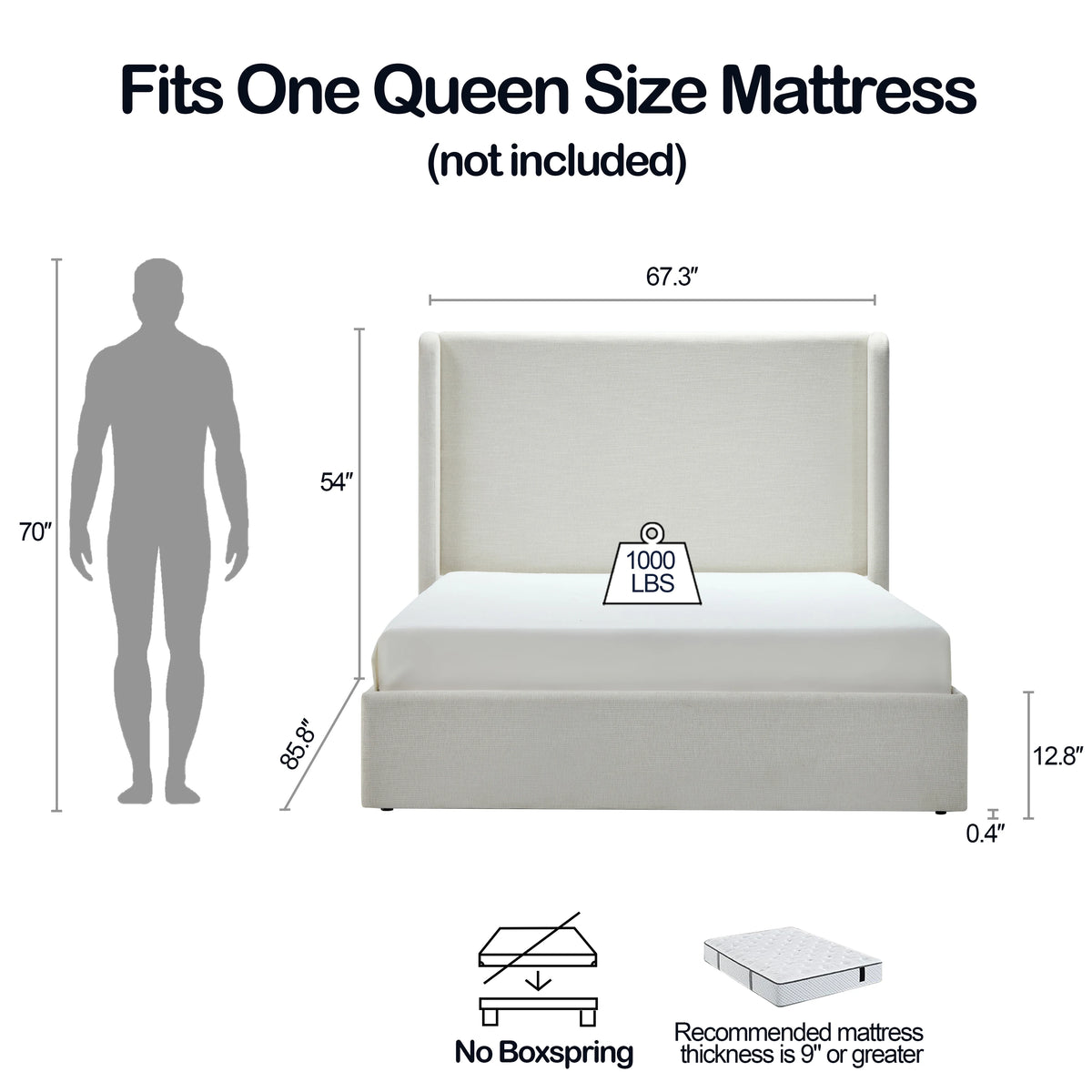Carmen Upholstered Wingback Platform Bed, 54" High Headboard, Textured Ivory Canvas, No Box Spring Needed, Quiet & Sturdy, Queen