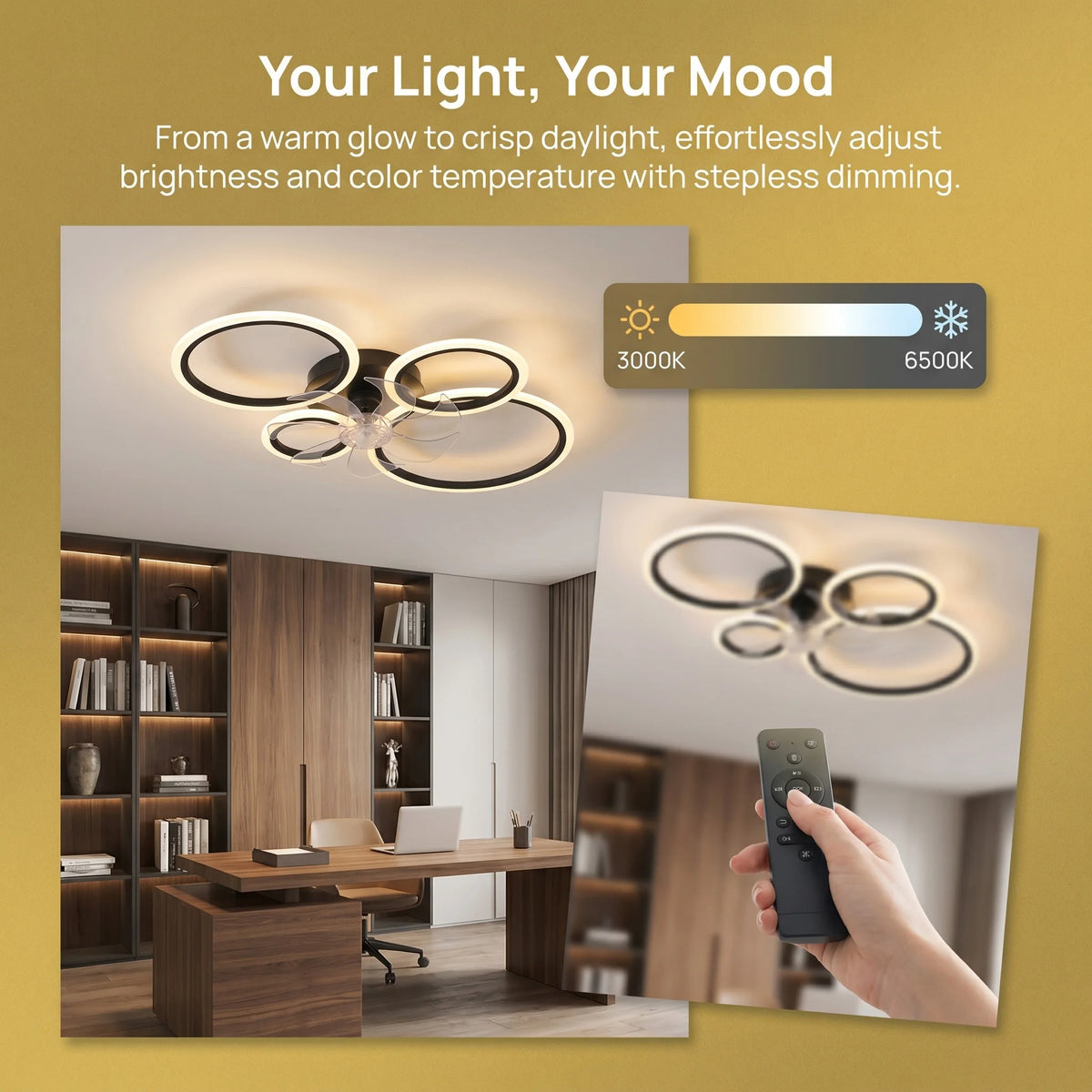 Four-ring ceiling fan light with three light colors, stepless dimming, 6 adjustable fan speed settings, and a timer function. The reversible motor makes it suitable for both summer and winter use. Ideal for bedrooms, above di