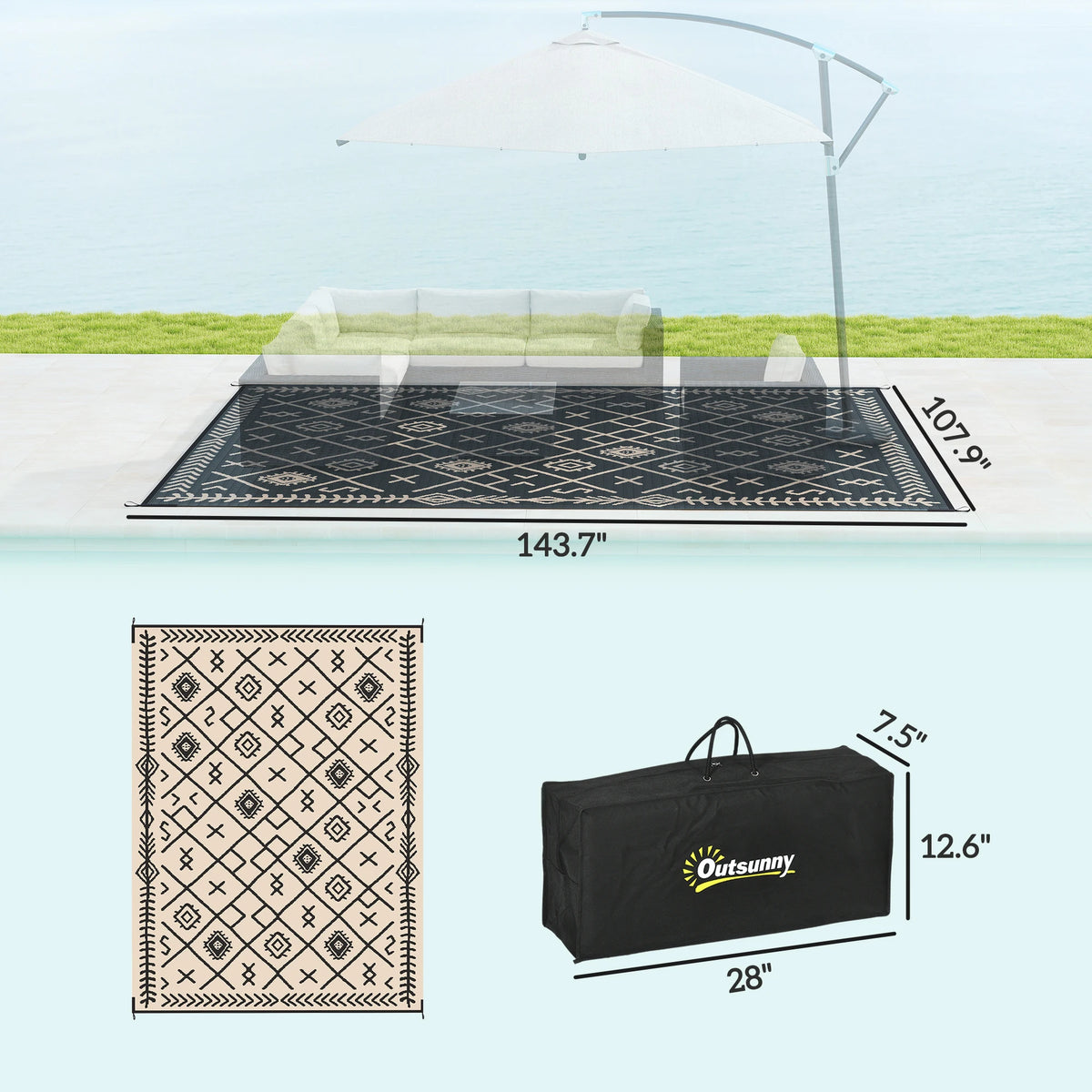Outdoor Rug, 9' x 12' Floor Mat, Black Beige Rhombus