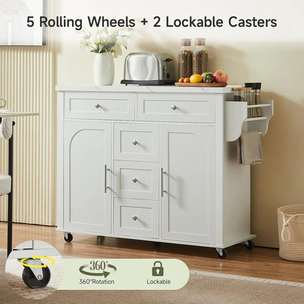 47" Rolling Kitchen Island Cart with Power Outlet | Movable Island Table & Storage Cabinet: White Marble Top, 5 Drawers + 2 Cabinets, Spice Rack, Free Tool Installation for Kitchen Craftsmanship